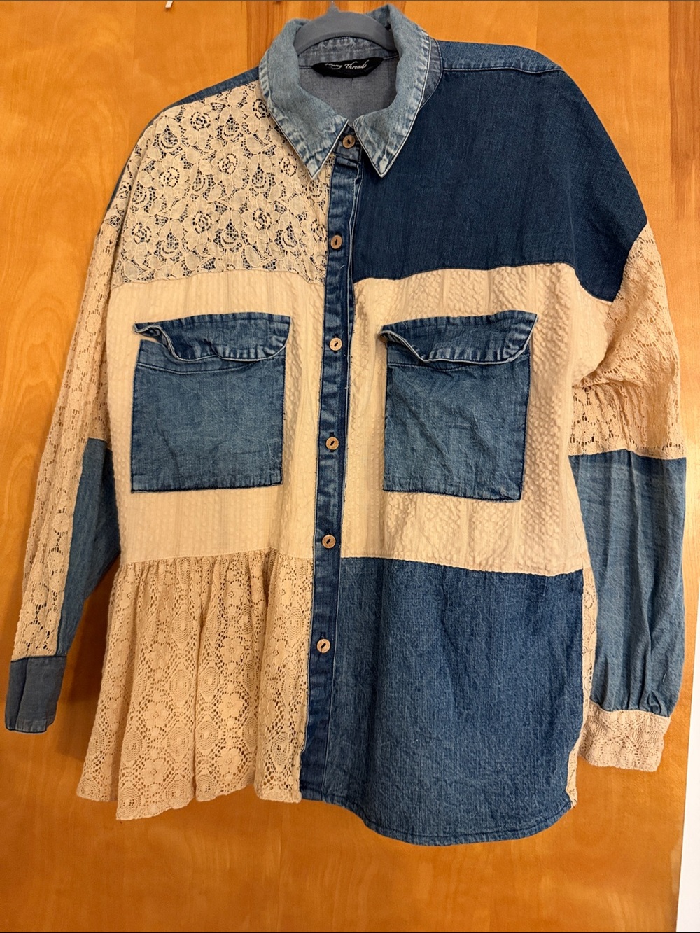 Young Threads Mixed Denim & Lace Patchwork Top With Button Closure NEVER WORN